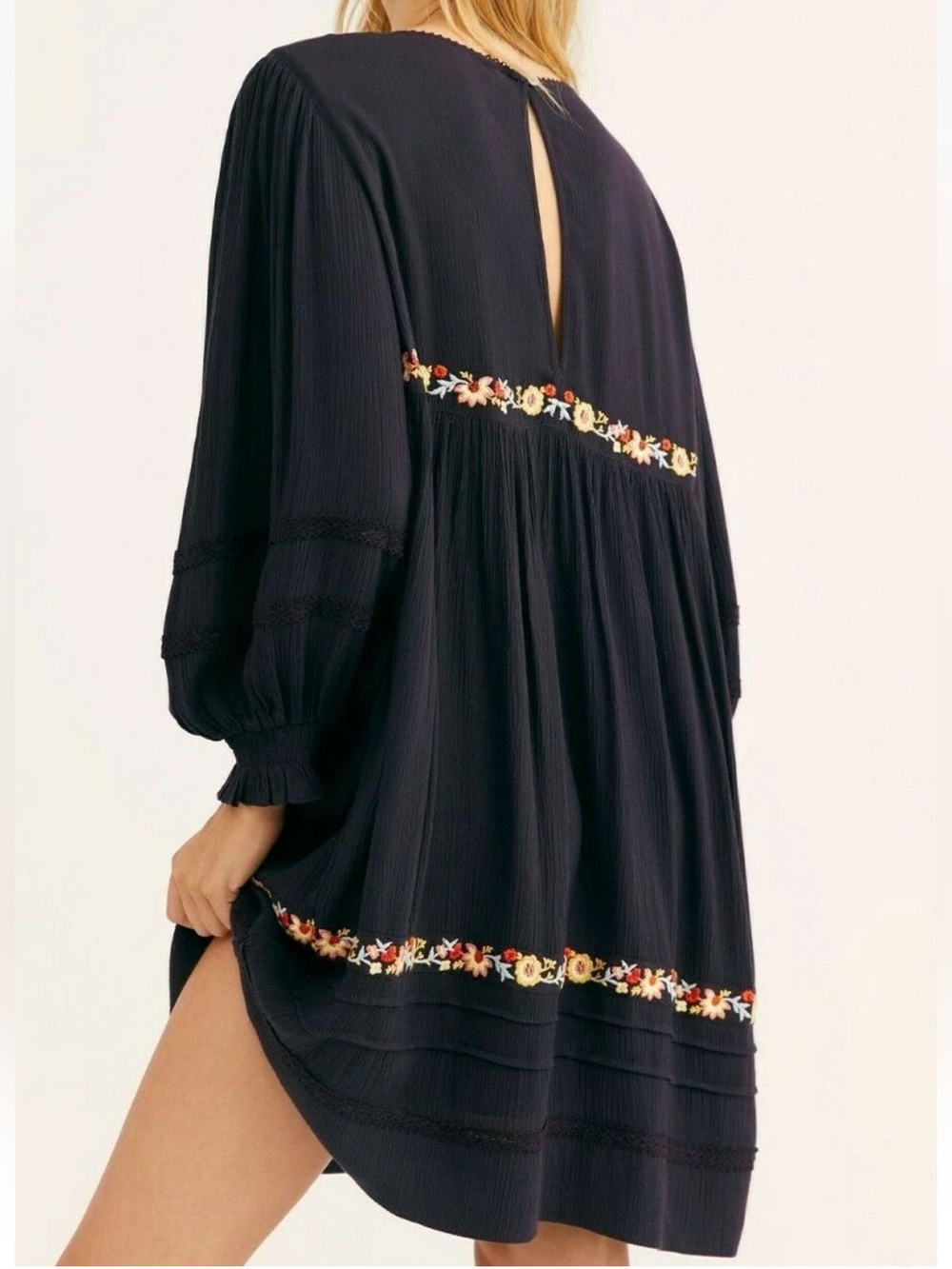 Free People | Women’s Black Floral Embroidered Long Sleeve Boho Pasadena Dress M - Picture 2 of 16